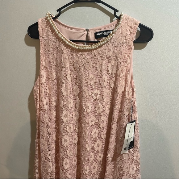 Karl Lagerfeld Paris Blush Pink sleeveless lace dress 10 pearl collar DEFECT - Picture 2 of 12